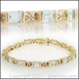 Beautiful Womens 18K Yellow Gold Over Solid Sterling Silver Diamonds 14.0 CTW Swiss Blue Topaz 7.5 Inch Designer Bracelet